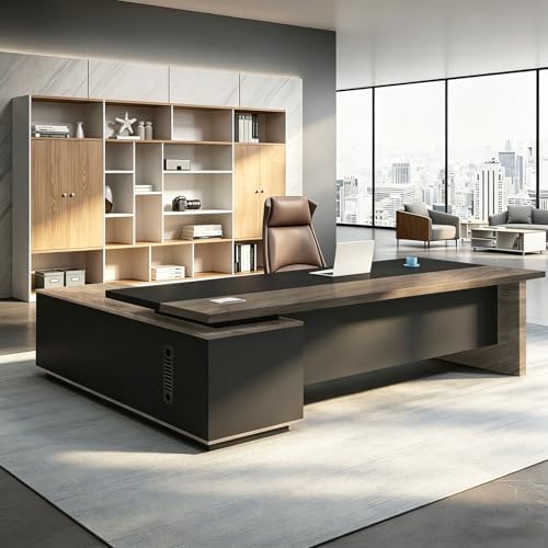 L Shaped Executive Desk with Drawers, Large Office Desk with Storage Cabinet, Wood L Shape Desk for Home Office or Business Workspace, Left or Right Cabinet Option, Multiple Sizes & Colors by Unknown