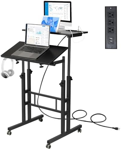 Hadulcet Mobile Standing Desk with Charging Station, Adjustable Standing Computer Desk, Standing Adjustable Laptop Cart with Wheels for Home Office Classroom Black by Hadulcet