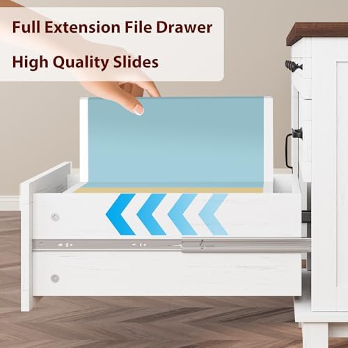 GarveeHome Executive Desk with File Drawers, Farmhouse Home Office Desk with Charging Station, 60 in Wooden Computer Desk with Cabinet Storage for Work Study Writing, White Walunt - Image 6