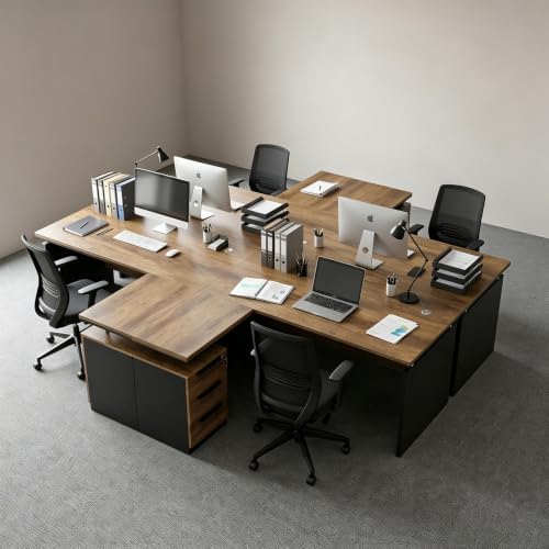 63 Inch L-Shaped Executive Desk Set of 4, Industrial Modern Wood Office Desk with 3 Drawers, Built-in Cable Management & Power Outlet, Real Wood Finish, Reversible Left/Right Return Home Workstation by SAINTCY