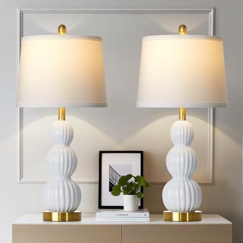 28" White Ceramic Table Lamps Set of 2, Modern Bedside Lamps for Night Stands, Triple Gourd Table Lamp for Living Room End Table or Bedroom Nightstand (2 LED Bulbs Included) by Luxeflow