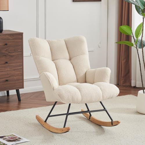 SAETSFEG Rocking Chair Nursery Teddy Upholstered Glider Rocker Rocking Accent Chair Padded Seat with High Backrest Armchair Comfy Side Chair for Living Room Bedroom Offices (Ivory Teddy) by SAETSFEG