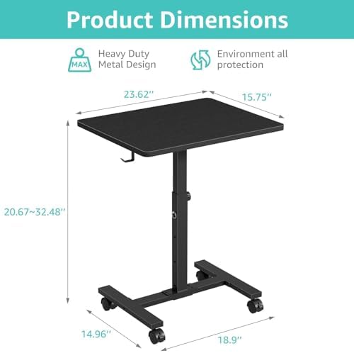 WINAZ Small Portable Laptop Rolling Desk - 24 Inch Mobile Computer Desk Adjustable Height with Wheels for Small Spaces Home Office, Kids Couch Desks Side End Table, Black - Image 3