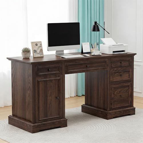Vipbear 60" Farmhouse Executive Office Desk with Drawers and File Cabinet, Embossed Texture Wood Home Office Desk, Rustic Computer Desk, Workspace for Work Study Writing, Brown by VipbearLiving