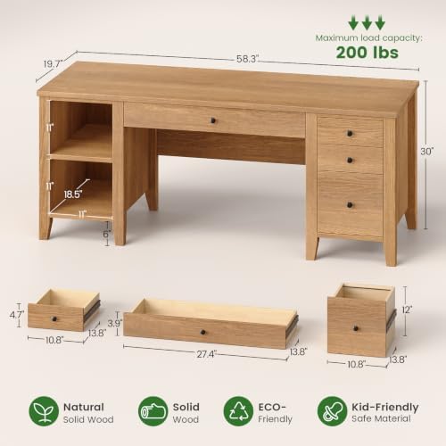 SEDETA 58'' Solid Pine Wood Computer Desk, Executive Home Office Desk with 4 Wood Drawers and Storage Shelves for Work Study Writing, Oak - Image 2