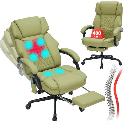 Massage Office Chair with Foot Rest 6 Points Vibration and Heat Home Office Desk Chairs for Heavy People 400lbs Reclining Managerial Chairs Ergonomic Executive Chair (Green) by BUYNOW