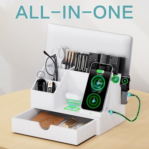 Sleek White PU Leather Charging Station with Drawer - 6-in-1 Multi-Device Desktop Organizer Docking Hub for iPad, Tablet, Laptop, Phone, Watch, Office Home Gift Idea - Image 4