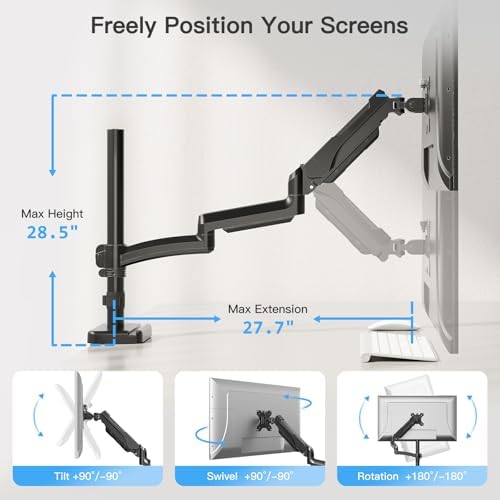MOUNTUP 27 inch Extra Long Monitor Arm, Single Desk Mount for 22-32 inch, Tall Monitor Stand Holds 4.4-19.8lbs, Height Adjustable Monitors Stand for Desk with C-Clamp/Grommet Base, Black - Image 4