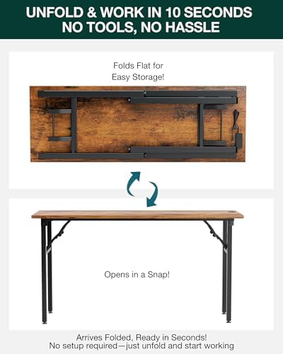 Frylr Small Folding Computer Desk – 55.1 Inch Portable Table for Craft and Study, Lightweight Desk for Small Spaces, Foldable Laptop Table Built-in AC/USB Outlets for Convenience, Rustic Brown - Image 3