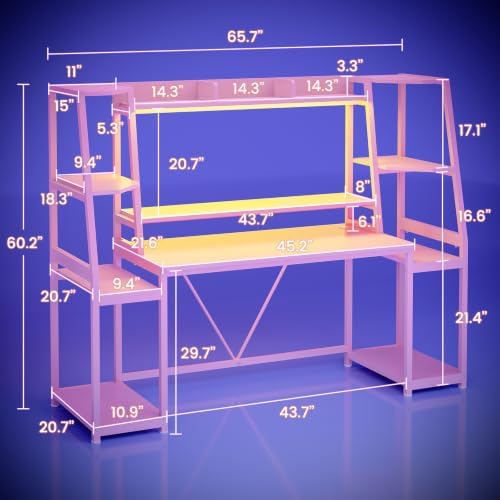 SEDETA 65.7'' Gaming Desk with LED Lights, Hutch and Storage Shelves, Pink - Image 2