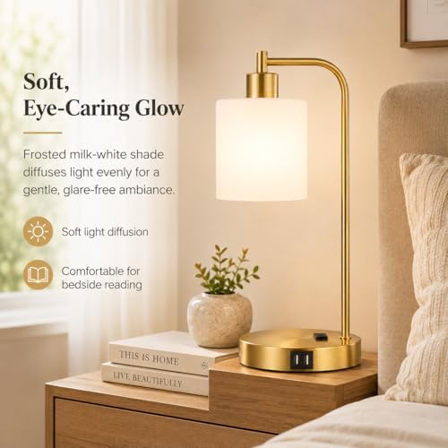 Set of 2 Industrial Touch Control Table Lamps with 2 USB Ports and AC Outlet - 3-Way Dimmable Gold Bedside Lamps Nightstand Desk Lamps for Bedroom Living Room, Opal Glass Shade & 2 LED Bulbs Included - Image 3