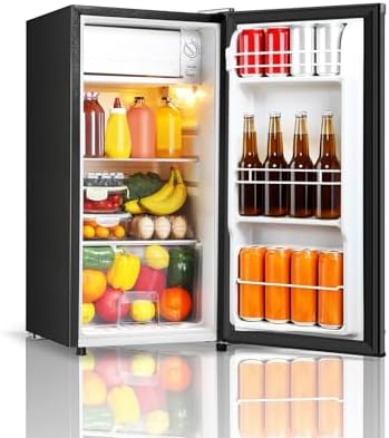 Seaoola Mini Fridge with Freezer, Single Door 3.1 Cu.Ft, Compact Mini Refrigerator, LED Light, Adjustable Thermostat, Removable Glass Shelves, Small Refrigerator for Dorm/Office/Bedroom(Black) (Black) by Saeoola
