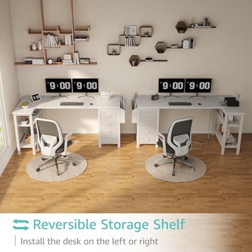 Lufeiya White L Shaped Desk with Drawers & Storage Shelves, 55 Inch Corner Computer Desk with Power Outlet for Home Office Bedroom, L-Shaped Teen PC Desks with Fabric Drawer, White - Image 4