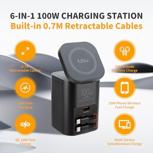 100W Multi-Function Desktop Charging Station, Wireless Charger with Dual 75cm Retractable USB-C Cables, USB-A QC3.0, Fast Charging for Laptops, Phones, Earbuds（I161C） - Image 5