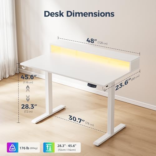 Klicelor Electric Standing Desk with Shelf, 48 Inch Height Adjustable Desk with Power Outlets & LED, Sit Stand Up Table with Monitor Stand, Computer Workstation for Home Office, White - Image 3