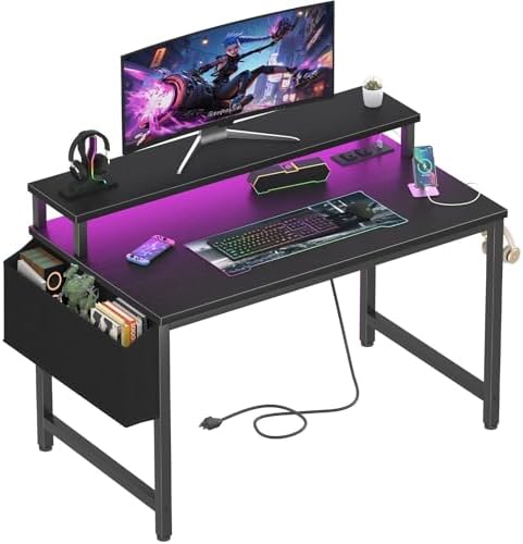 Lufeiya Small Desk with Power Outlets and LED Lights, 32 Inch Teen Writing Study Table Home Office Computer Desks with Monitor Stand, Gaming Desk with Charging Station, Black by LUFEIYA