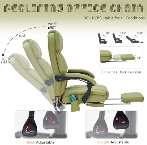 Massage Office Chair with Foot Rest 6 Points Vibration and Heat Home Office Desk Chairs for Heavy People 400lbs Reclining Managerial Chairs Ergonomic Executive Chair (Green) - Image 5