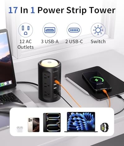 Power Strip with Night Light, Extension Cord with Multiple Outlets (12AC+3A+2C), 10 FT Desk Power Strip Tower Charging Station for Home, Office, College Dorm Essentials - Image 2
