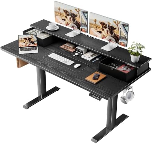Veken 55x26 in Electric Standing Desk with Drawers, Adjustable Table, Black by Veken