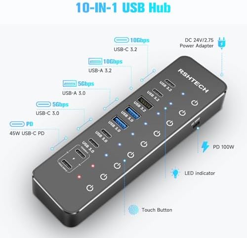 RSHTECH 10-Port 66W Powered USB C/USB 3.2 Hub 10Gbps for Data & PD Charging - Image 2