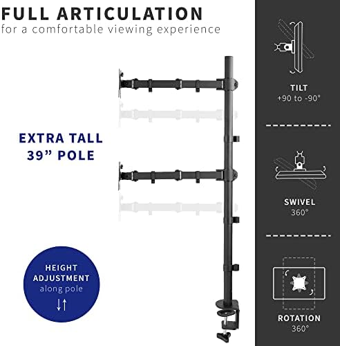 VIVO Extra Tall Vertically Stacked Dual Monitor Desk Mount Stand with 39 inch Stand-up Pole, Fully Adjustable Extended Arms, Fits 2 Screens up to 27 inches, STAND-V012T - Image 2