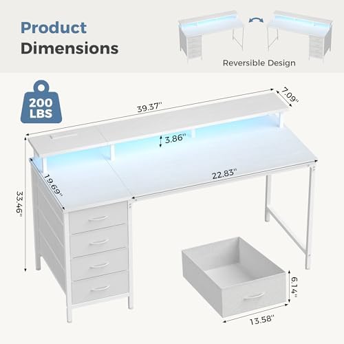 DUMOS 40-Inch Gaming Desk with Power Outlets and LED Lights, White - Image 3