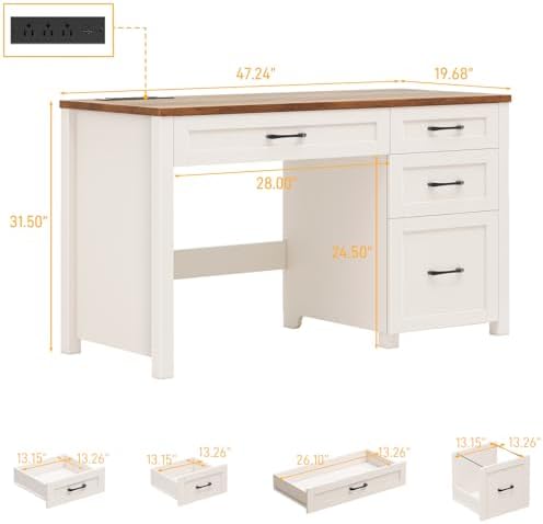 Farmhouse 47" Executive Desk, Computer Desk with File Drawer, Unique White - Image 2