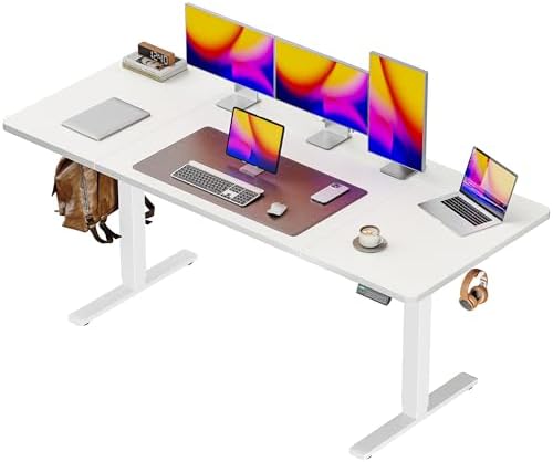 Huuger 63 x 28 Large Electric Standing Desk, Height Adjustable Computer Desk, 27.6" Deep Desktop, Stand up Gaming Office Table with 2 Hooks, 3 Preset Heights, for Home Office, White by Huuger