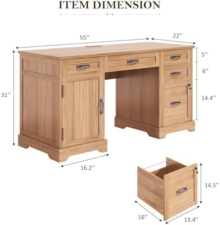 Whalefall 55'' Farmhouse Desk Home Office with Drawers, Light Walnut - Image 2