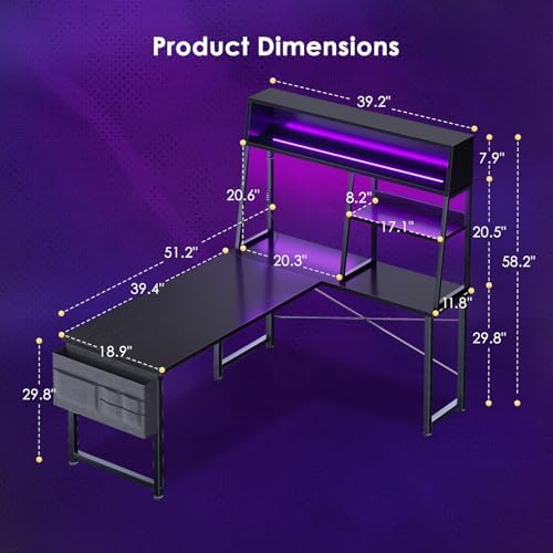 AODK 51 Inch L Shaped Gaming Desk with Display Shelves, LED Lights, Black - Image 3