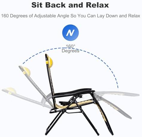 Nazhura Set of 2 Relaxing Recliners Patio Chairs Adjustable Steel Mesh Zero Gravity Lounge Chair Beach Chairs with Pillow and Cup Holder (Yellow Stripe) - Image 4