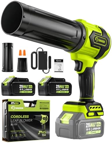 Saker Cordless Leaf Blower Portable Dust Cleaner with 2 Extended Nozzle Handheld Blower Air Duster with Adjustable Speed for Lawn Care Car Drying 2 Batteries Dark Green with Case by Saker