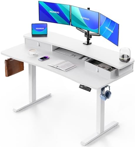 HUANUO 55″ x 26″ Electric Standing Desk with 2 Drawers, C-Clamp Mount Compatible, Height Adjustable Computer Desk, Home Office Stand Up Desk with 4 Preset Heights & 2 Hooks, White by HUANUO
