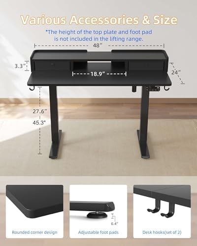YIHAYO Electric Standing Desk with Drawers, 48 x 24 Inches Adjustable Desk with Storage Shelf, Stand Up Desk with Splice Board, Computer Table for Home Office, Black Frame/Black Top - Image 2