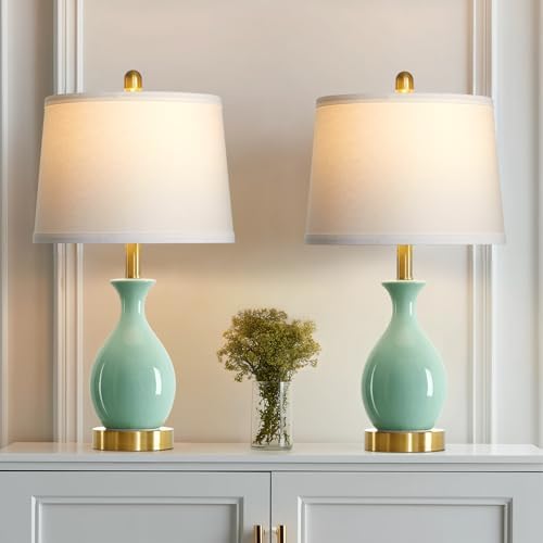 24″ Sage Green Ceramic Table Lamps Set of 2, Modern Classic Bedside Lamps for Bedroom Nightstand, Small Table Lamp for Living Room Side Table (2 LED Bulbs Included) by Luxeflow