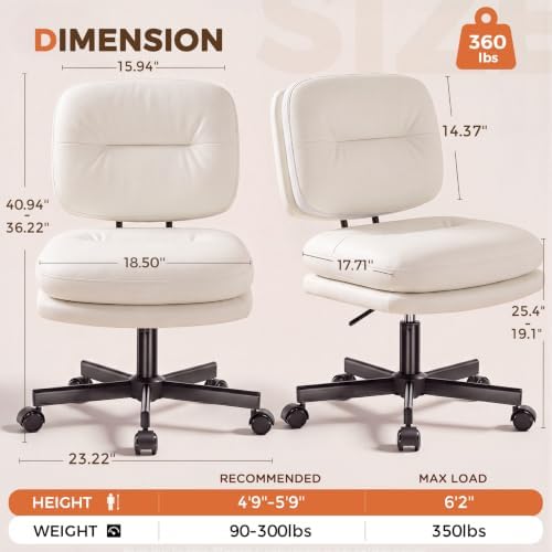 COMHOMA Home Office Desk Chair with Comfy Lumbar Support, Small Vanity Chair with Wheel for Bedroom, Thick Padded & Armless, 19.1"-25.4" Height Adjustable, Soft PU Leather, White - Image 2