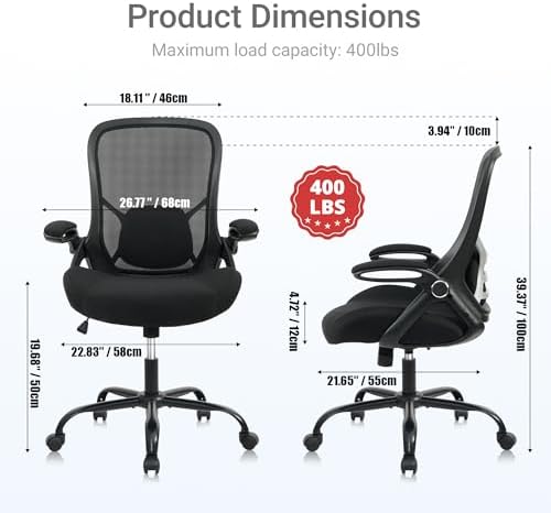 HYLONE 400lbs Heavy Duty Office Chair, 5" Thickened Seat Ergonomic Desk Chair with Adjustable Armrests, Home Office Computer Chairs for Long Hours Mesh Executive Chair(Black) - Image 3