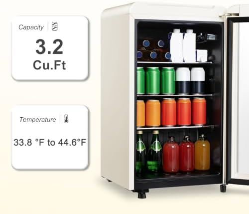 Retro Beverage Refrigerator, 3.2 Cu.Ft Mini Fridge with Glass Door, Vintage Freestanding Drink Cooler for Office, Bar, Home, Adjustable Shelving, Adjustable Thermostat (White) - Image 5