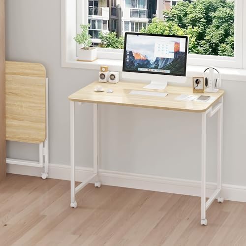 JSB Folding Desk for Small Spaces,Mobile Portable Rolling Laptop PC Table on Wheels,Foldable Computer Desk for Home Office,Bedroom,Dorm,Space Saving (Natural & White, 31.5") - Image 3