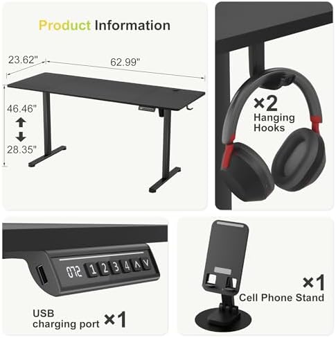Furmax 63 Inches Electric Standing Desk, Home Office Desk with Phone Holder - Image 3