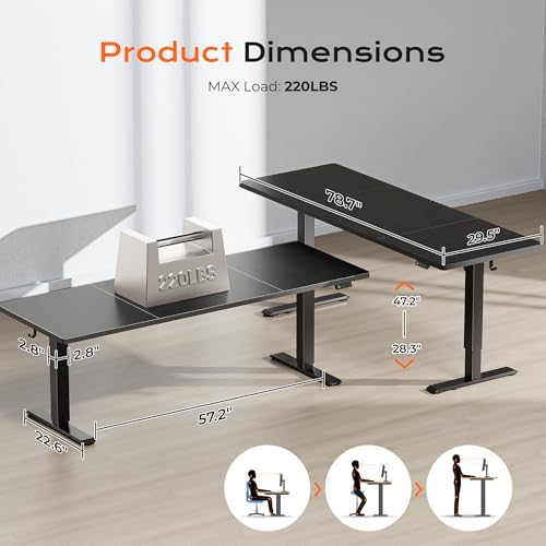 Huuger 78.7'' x 29.5'' Large Electric Standing Desk, Height Adjustable Computer Desk, 29.5" Deep Desktop, Stand up Gaming Office Desk with 2 Hooks, 3 Preset Heights, for Home Office, Black - Image 2