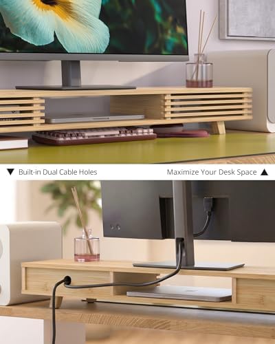 Bamboo 42” Dual Monitor Stand with Sliding Doors Desk Shelf - Image 4
