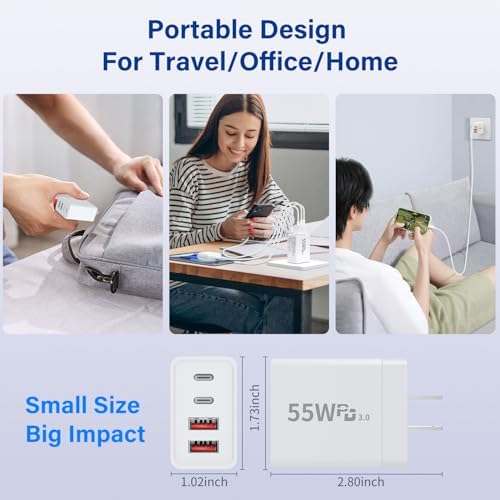 USB C Charger Block, 2 Pack 55W 4-Port Multiport Fast Wall Charger with PD (2x20W)+QC (2x3.1A) Power Adapter, Fast Charging Cable, Type C Charging Hub for iPhone 17/16/15/14/13/12/Pro/Max/XS - Image 5