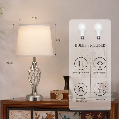 Ruiever Touch Table Lamps Set of 2, nightstand lamp with USB Ports Bedside 3 Way Touch dimmer Desk lamp for Living Room Bedroom,Nickel Plated Spiral cage Base Design Warm White dimmer Bulbs Included. - Image 2