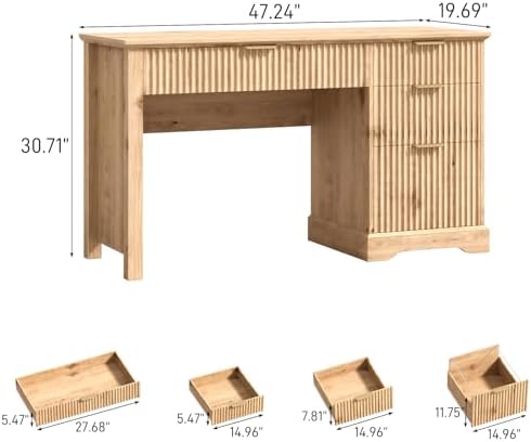 Vabches Fluted Executive Desk with Drawers, Wood Computer Desk with Ample File Drawer, Home Office Desk with Storage for Study, Bedroom, Living Room, Oak - Image 2