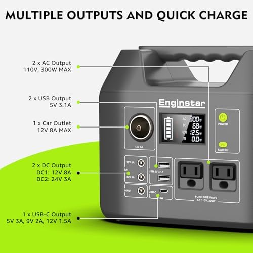 EnginStar Solar Generator, 300W Portable Power Station, 296Wh Lithium Battery Backup w/Two 110V Pure Sine Wave AC Outlet for Camping Road Trip RV, 80000mAh Sufficient Power Supply for Blackout - Image 4