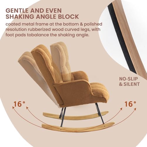 SAETSFEG Rocking Chair Nursery Teddy Upholstered Glider Rocker Rocking Accent Chair Padded Seat with High Backrest Armchair Comfy Side Chair for Living Room Bedroom Offices (Caramel Brown Teddy) - Image 3