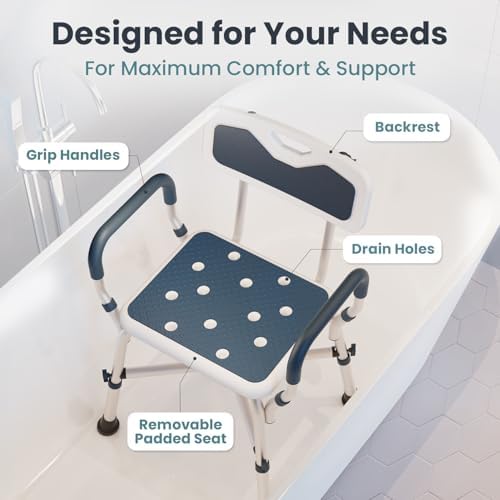 Shower Chair for Elderly and Disabled (450lb) with Padded Armrests and Back, Adjustable Height Shower Seat, Heavy Duty Shower Chairs for Inside Shower, Handicap - Teal - Image 5