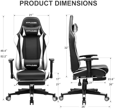 GTPLAYER Gaming Chair with Footrest, Ergonomic Computer Game Desk Chair, Reclining Gamer Chair Seat Height Adjustment, Swivel Rocker with Headrest and Lumbar (White) - Image 3