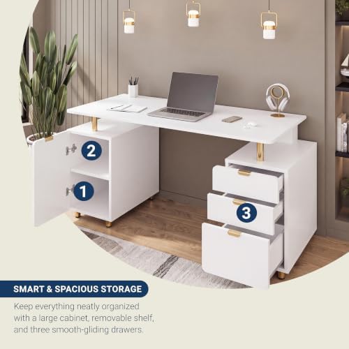 Techni Mobili 57"W Computer Desk w/ 3 Drawers & Storage Cabinet, White/Gold - Image 5